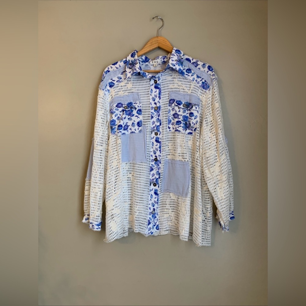 Pol Mixed Media Oversized Button Up Patchwork Lace Boho Floral Shabby Chic Large
